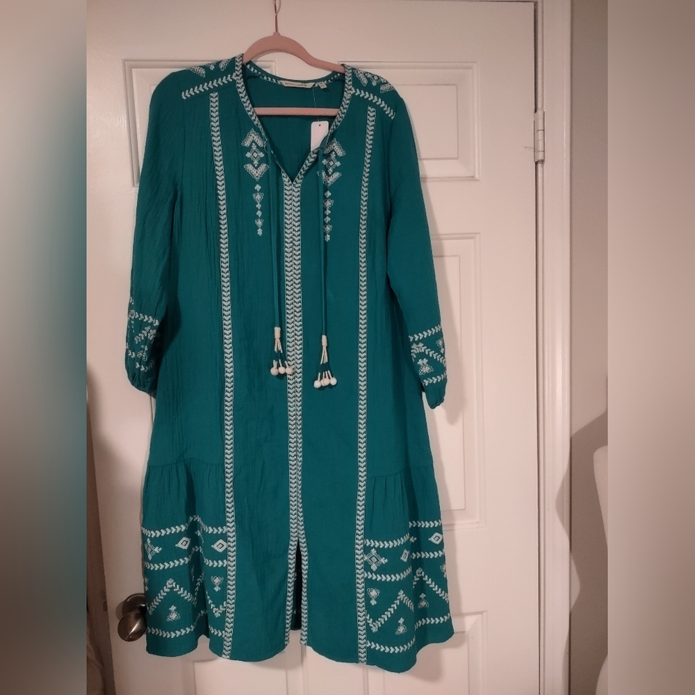 NWT Soft Surroundings Tropical Green Cotton Jolie Dress Embroidered Size PXL